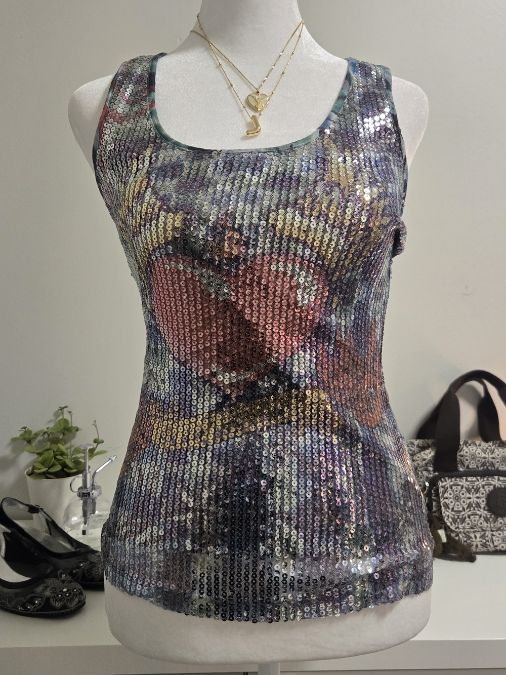 Iridescent Sequin Graphic Y2K Tank Top - Multicolor
